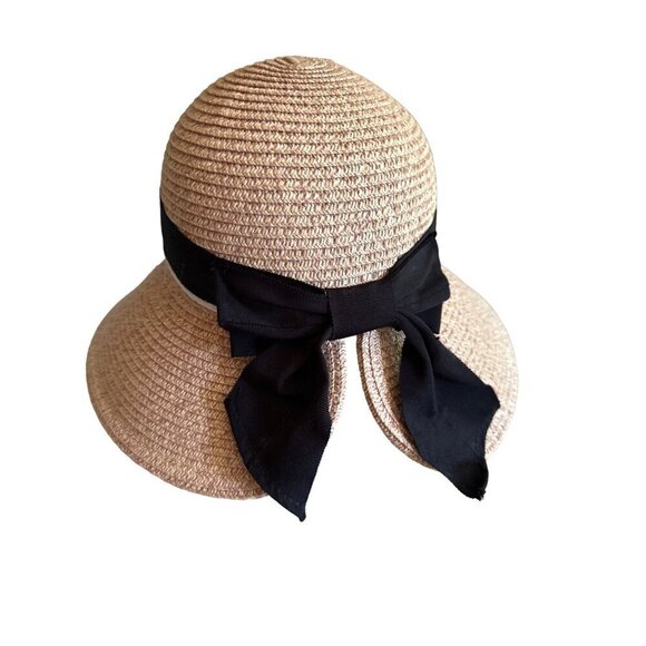 Wide-Brim Straw Sun Hat With Black Ribbon Bow For Women UV Protection By Comhats - Picture 2 of 5